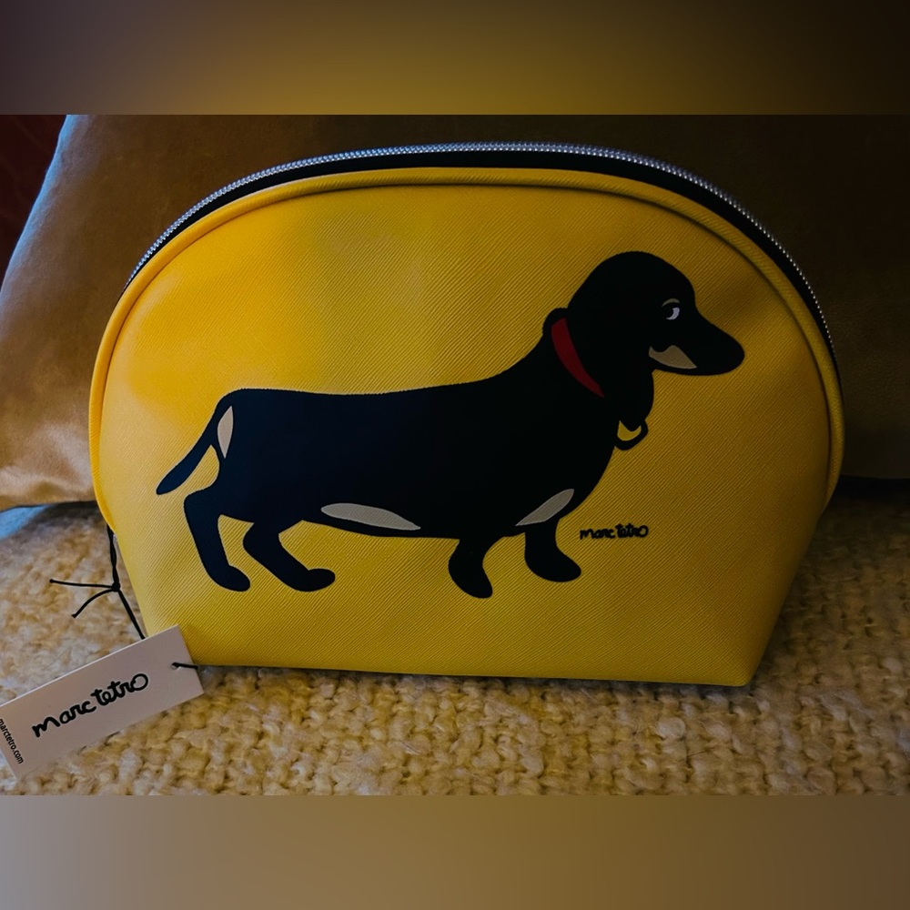 Marc Tetro Daschund Cosmetic Case 9 1/2" NEW Stripe Lining